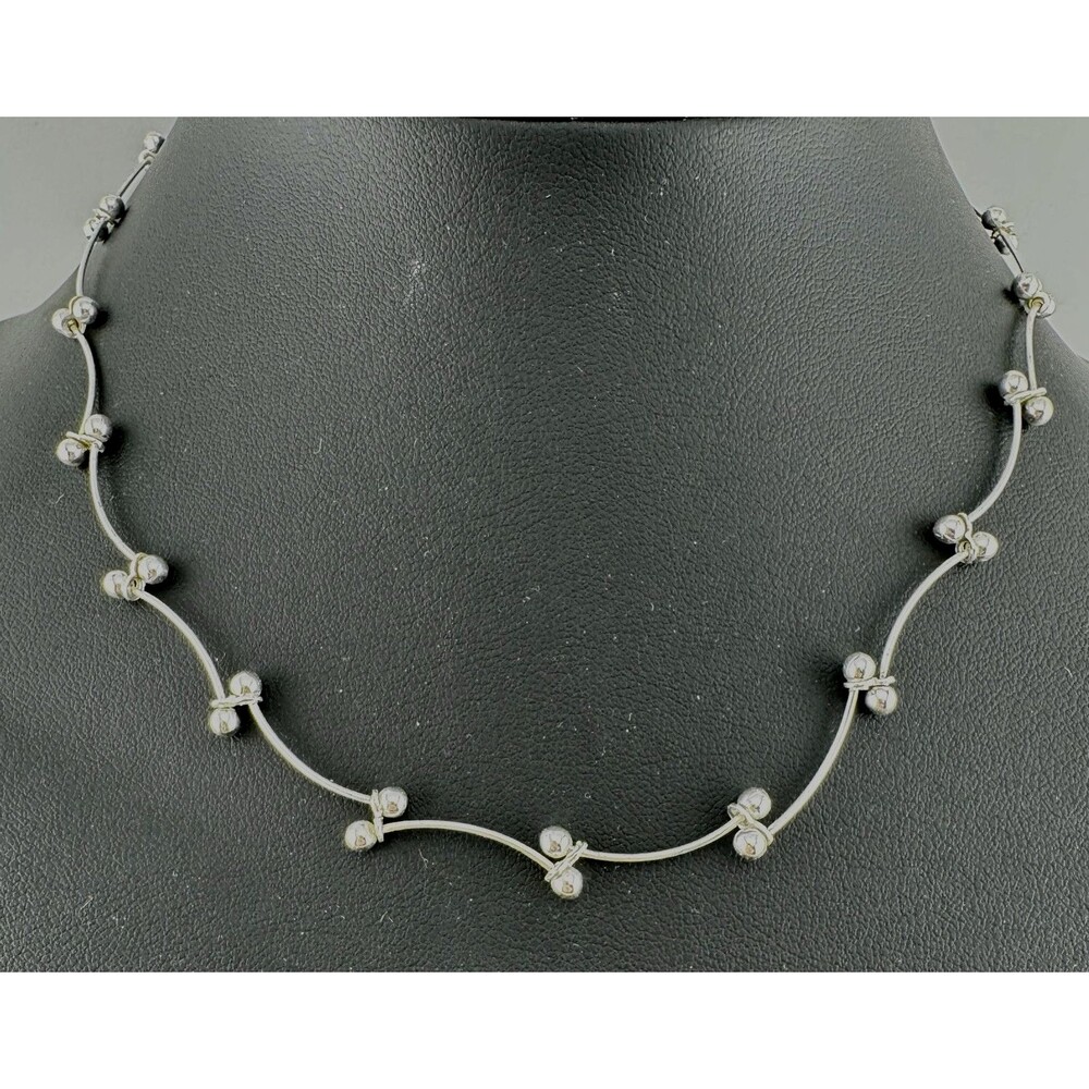 Vintage IBB Sterling Silver Modernist Beaded Arc Necklace 16” Signed 925